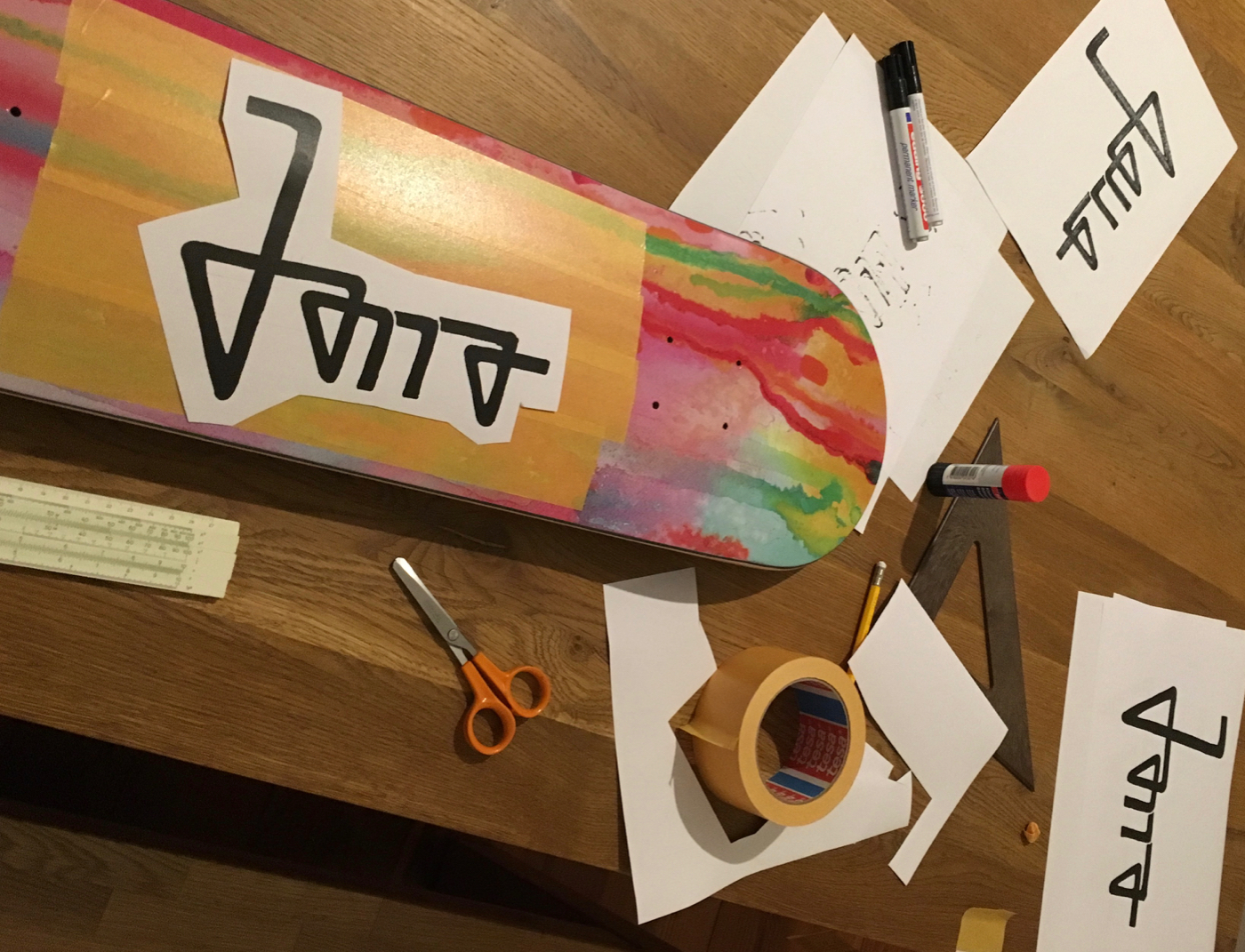tape the deck, glue the wording onto the tape tape the deck, glue the wording onto the tape