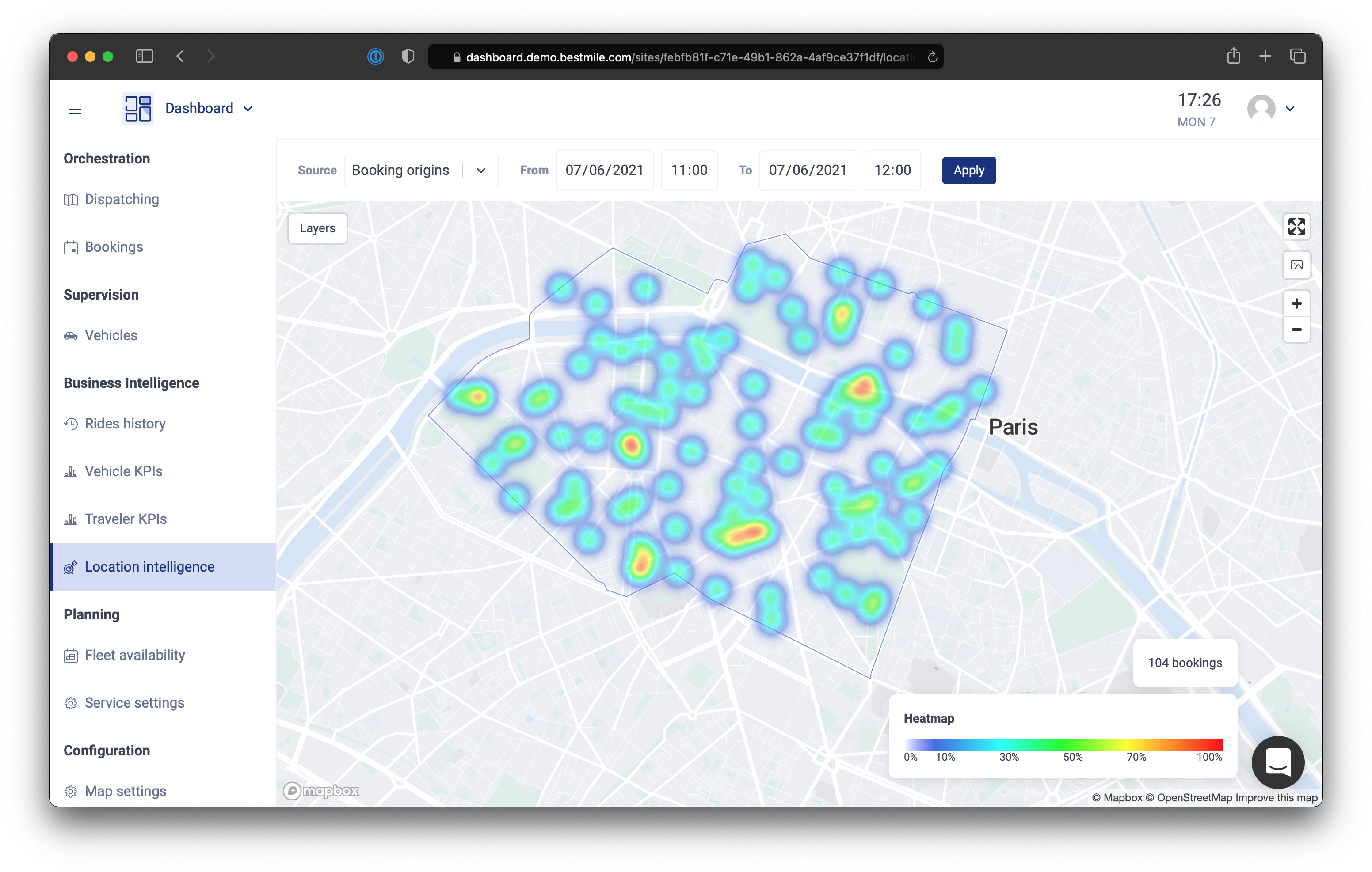 This heat map shows where travelers asked to be picked up during the provided time span. It allows to anticipate demand and pre-position your fleet’s vehicles accordingly