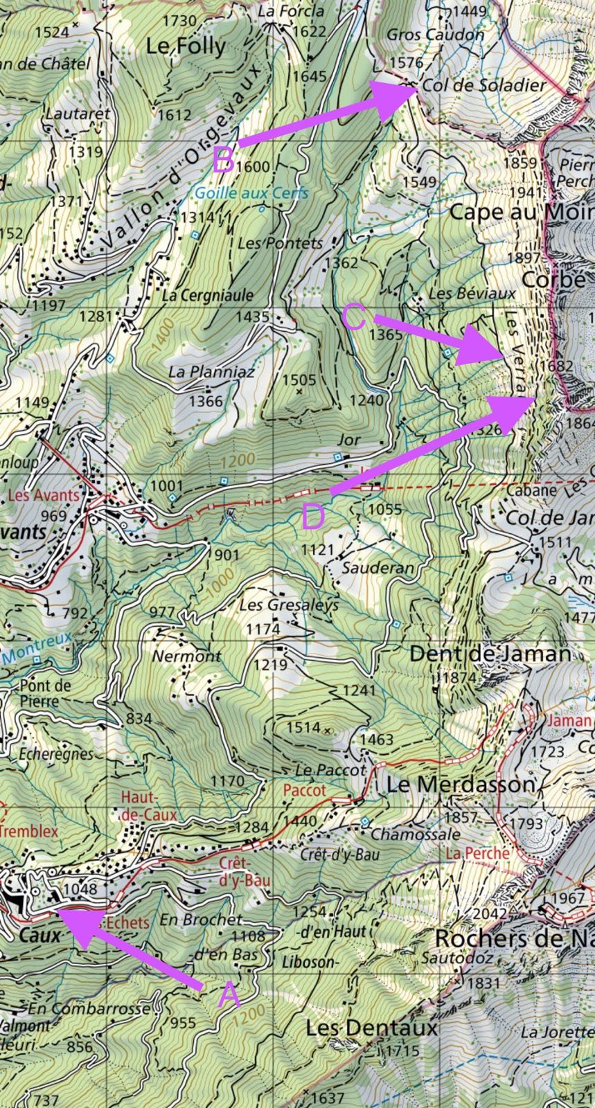 When the train gets to Caux (A), the driver informs me that there is a hail storm at Rochers-de-Naye and that I’d better go off before Paccot. I get off in Caux and decide to improvise a ride to Col de Soladier (B). I had done this last summer, but the other way around. I came down a boring gravel road (C) and decided that this time I could spice it up by taking a smaller mountain trail (D). Shortly after Caux, at around 1200m it started snowing. By the time I got to Col de Jaman (~1500m), it was seriously snowing. I should have turned around at that point. When the train gets to Caux (A), the driver informs me that there is a hail storm at Rochers-de-Naye and that I’d better go off before Paccot. I get off in Caux and decide to improvise a ride to Col de Soladier (B). I had done this last summer, but the other way around. I came down a boring gravel road (C) and decided that this time I could spice it up by taking a smaller mountain trail (D). Shortly after Caux, at around 1200m it started snowing. By the time I got to Col de Jaman (~1500m), it was seriously snowing. I should have turned around at that point.
