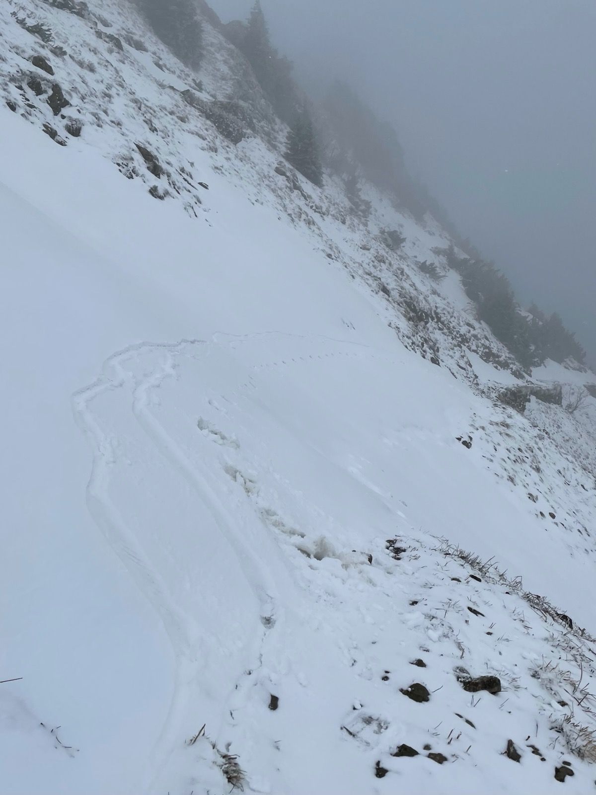 Mountaineering across a snowslide with super slippery shoes and a 15kg bike. Remember, things are always steeper than they look on camera. Mountaineering across a snowslide with super slippery shoes and a 15kg bike. Remember, things are always steeper than they look on camera.