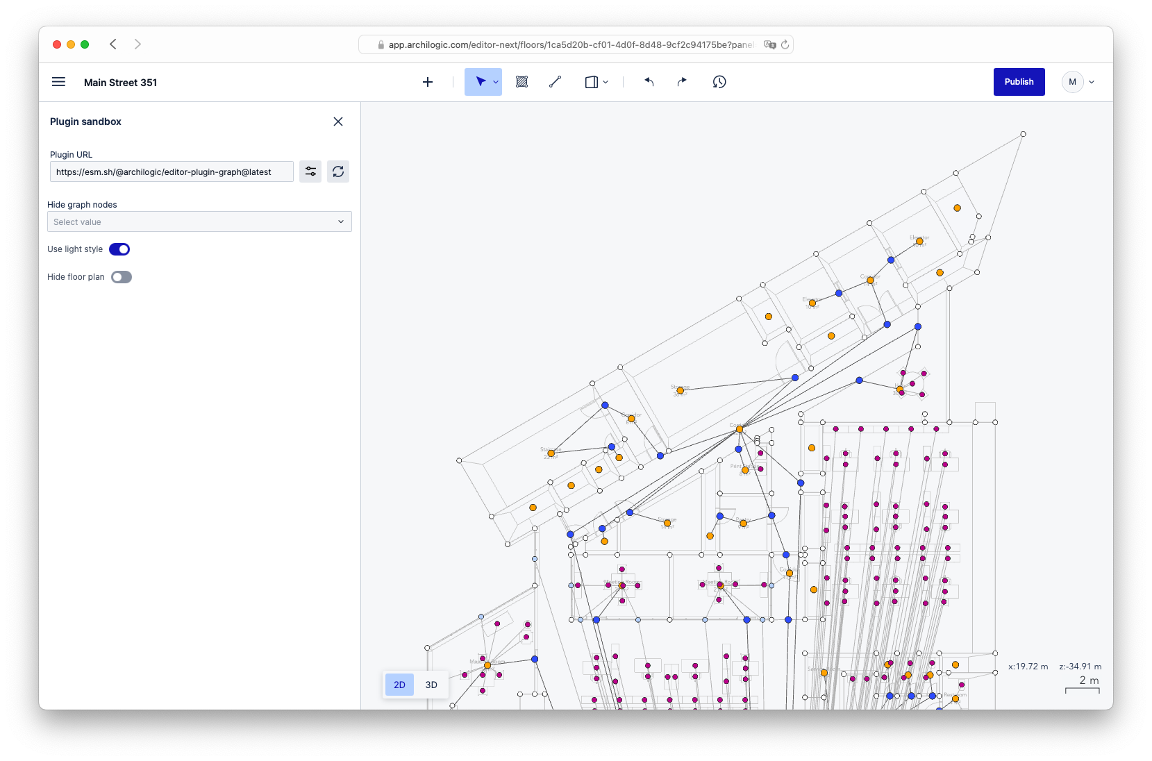Graph plugin: I was also not involved in the development of this plugin, but it illustrates the graph aspect of the Space Graph data model. Adjacency of spaces becomes very clear. Indoor routing could for example use this information. Graph plugin: I was also not involved in the development of this plugin, but it illustrates the graph aspect of the Space Graph data model. Adjacency of spaces becomes very clear. Indoor routing could for example use this information.