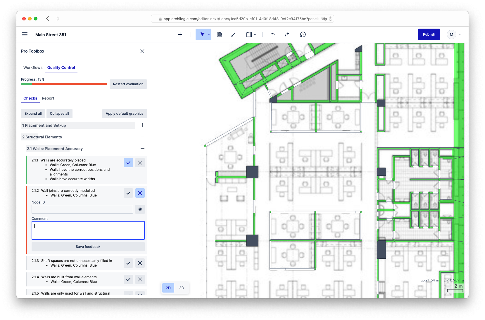 Quality Control plugin: the original floor plan image is displayed, walls in semi-transparent green. In the current step, the Quality Control agent has to assess (pass/fail) whether all walls are correctly modeled, and can add a comment. Quality Control plugin: the original floor plan image is displayed, walls in semi-transparent green. In the current step, the Quality Control agent has to assess (pass/fail) whether all walls are correctly modeled, and can add a comment.